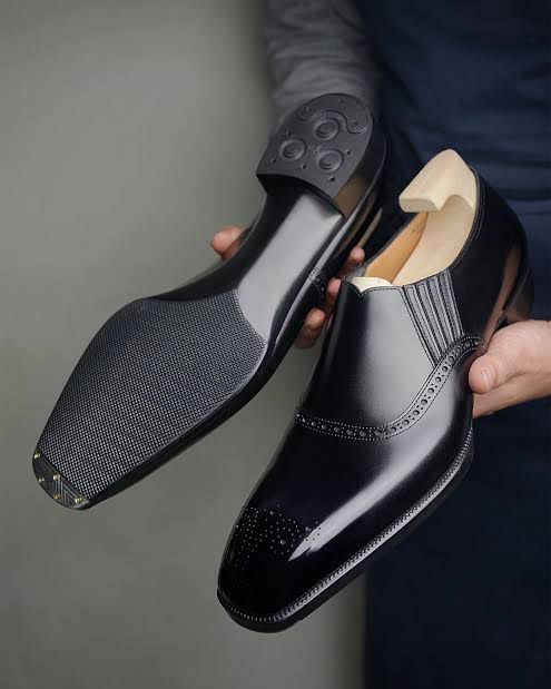 Premium Black Leather "Lazyman" Side-Elastic Oxford Dress Shoes – Handcrafted Full-Grain Brogue Slip-On