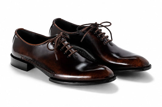 Burgundy-Brown Burnished Finish - Men's Handmade Plain-Toe Oxford Dress Shoes