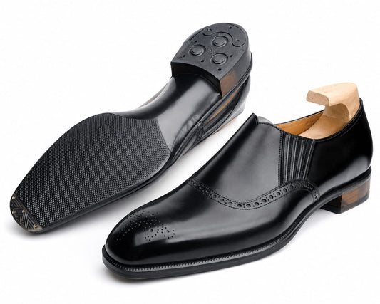 Premium Black Leather "Lazyman" Side-Elastic Oxford Dress Shoes – Handcrafted Full-Grain Brogue Slip-On