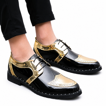 Men's Black Faux Leather Dress Shoes, Gold Tone Lace-Up Wedding Shoes, Oxford Business Shoes, Formal Groom Shoes