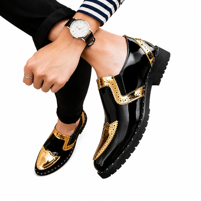 Men's Black Faux Leather Dress Shoes, Gold Tone Lace-Up Wedding Shoes, Oxford Business Shoes, Formal Groom Shoes