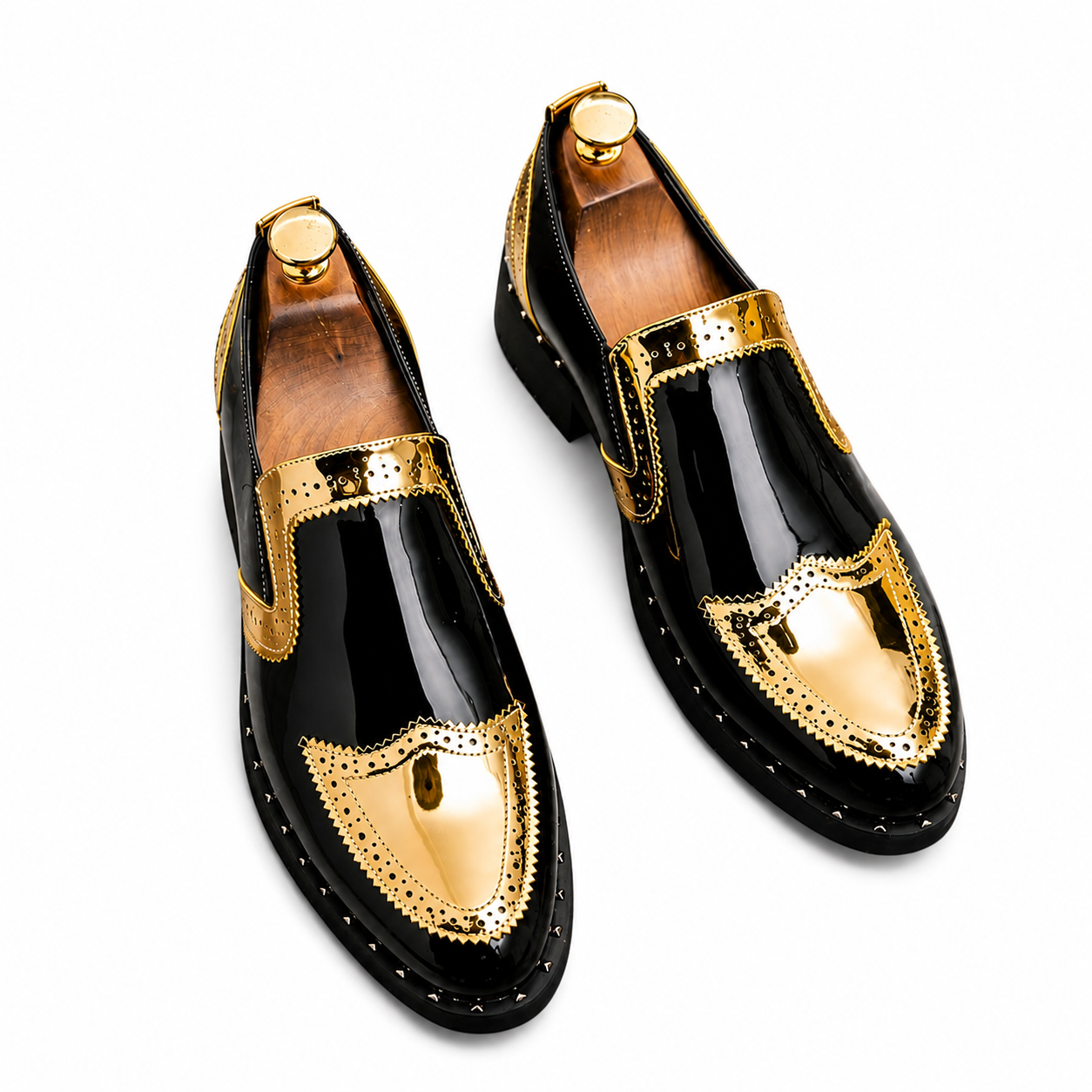 Men's Black Faux Leather Dress Shoes, Gold Tone Lace-Up Wedding Shoes, Oxford Business Shoes, Formal Groom Shoes