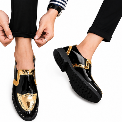 Men's Black Faux Leather Dress Shoes, Gold Tone Lace-Up Wedding Shoes, Oxford Business Shoes, Formal Groom Shoes