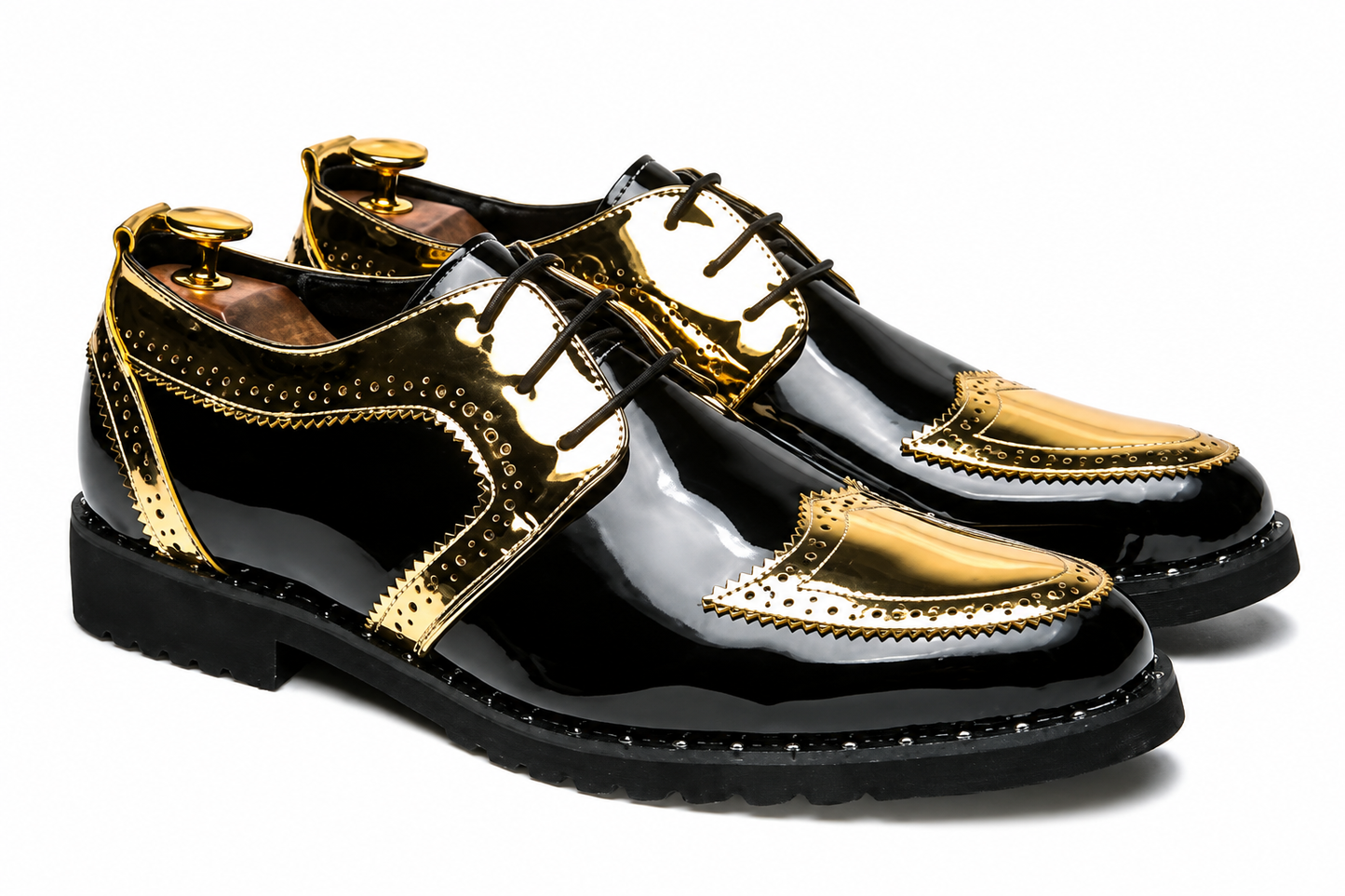 Men's Black Faux Leather Dress Shoes, Gold Tone Lace-Up Wedding Shoes, Oxford Business Shoes, Formal Groom Shoes