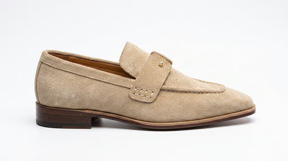 PelleVista Beige Suede Penny Loafers – Handmade Luxury Men's Dress Shoes for Business & Weddings