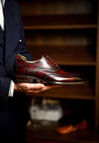 Pellevista Luxury Burgundy Patina Wingtip Brogue Oxford Shoes Men – Gold D-Ring