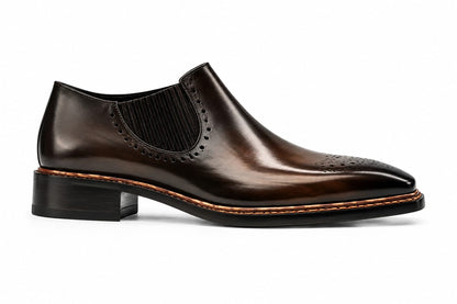 Men’s Black Leather Slip-On Dress Shoes – Burnished Brogue | Pellevista