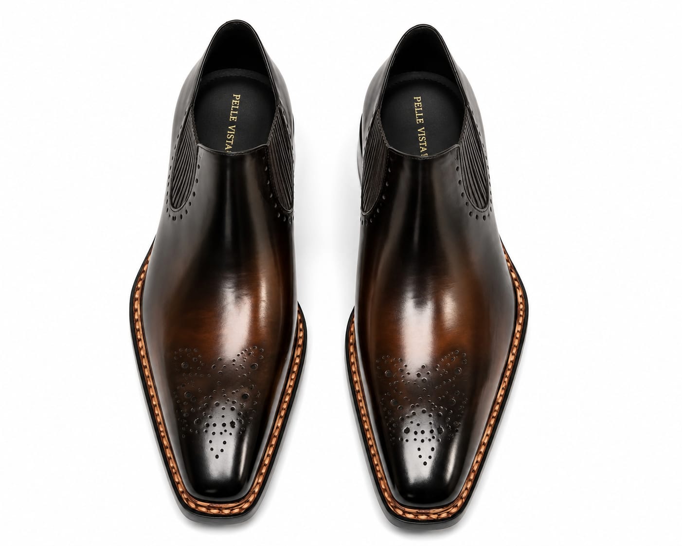 Men’s Black Leather Slip-On Dress Shoes – Burnished Brogue | Pellevista