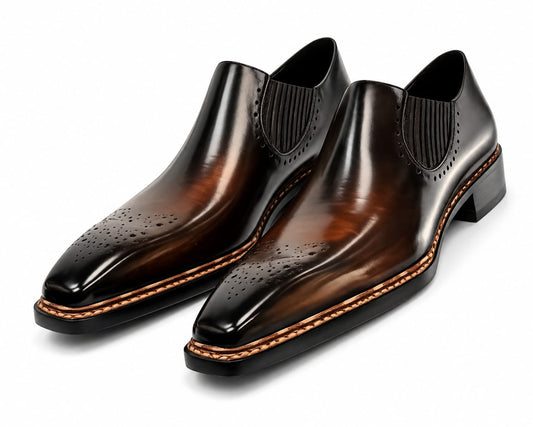 Men’s Black Leather Slip-On Dress Shoes – Burnished Brogue | Pellevista