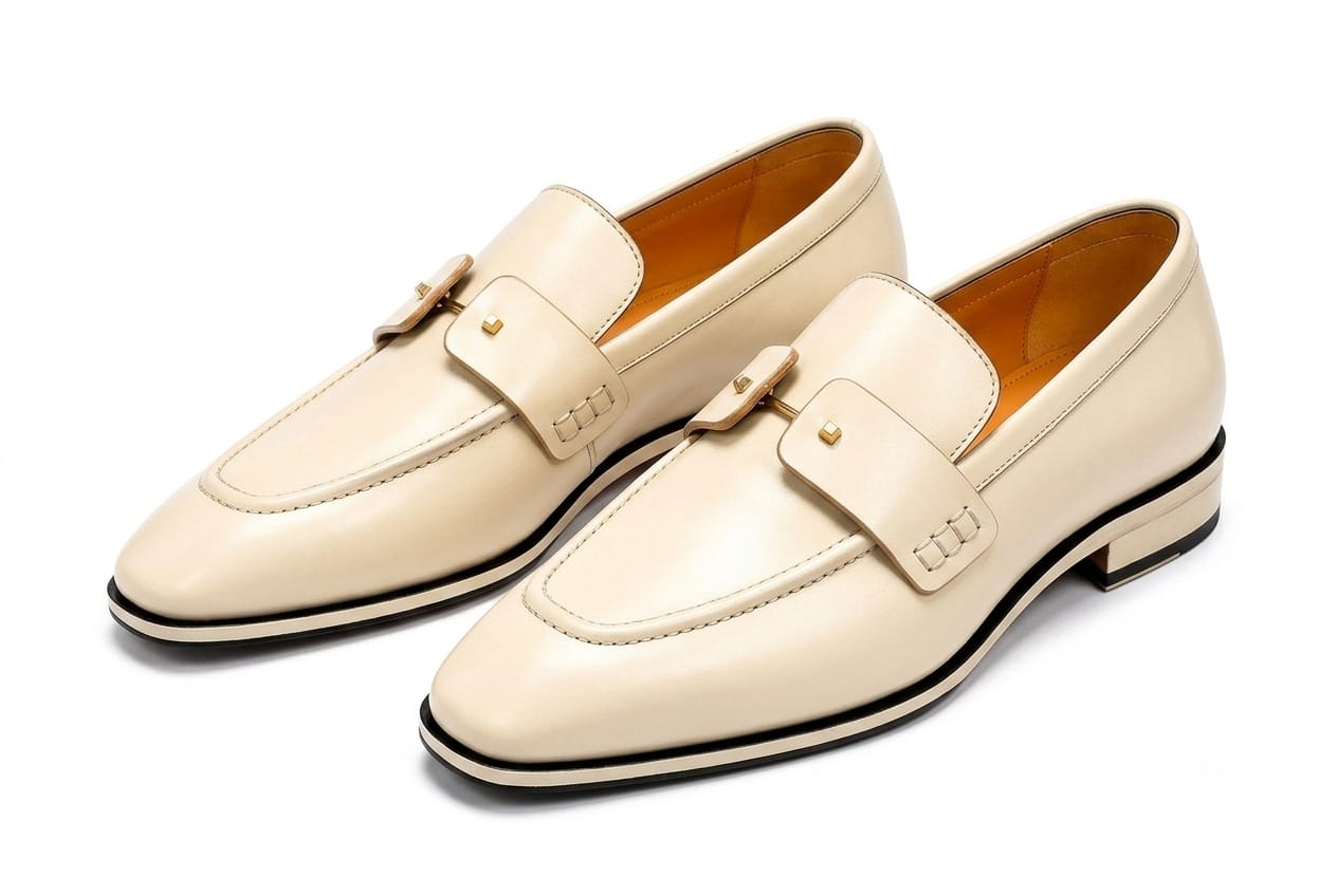 Men’s Cream Leather-Style Buckle Loafers | Premium Formal Slip-On Dress Shoes