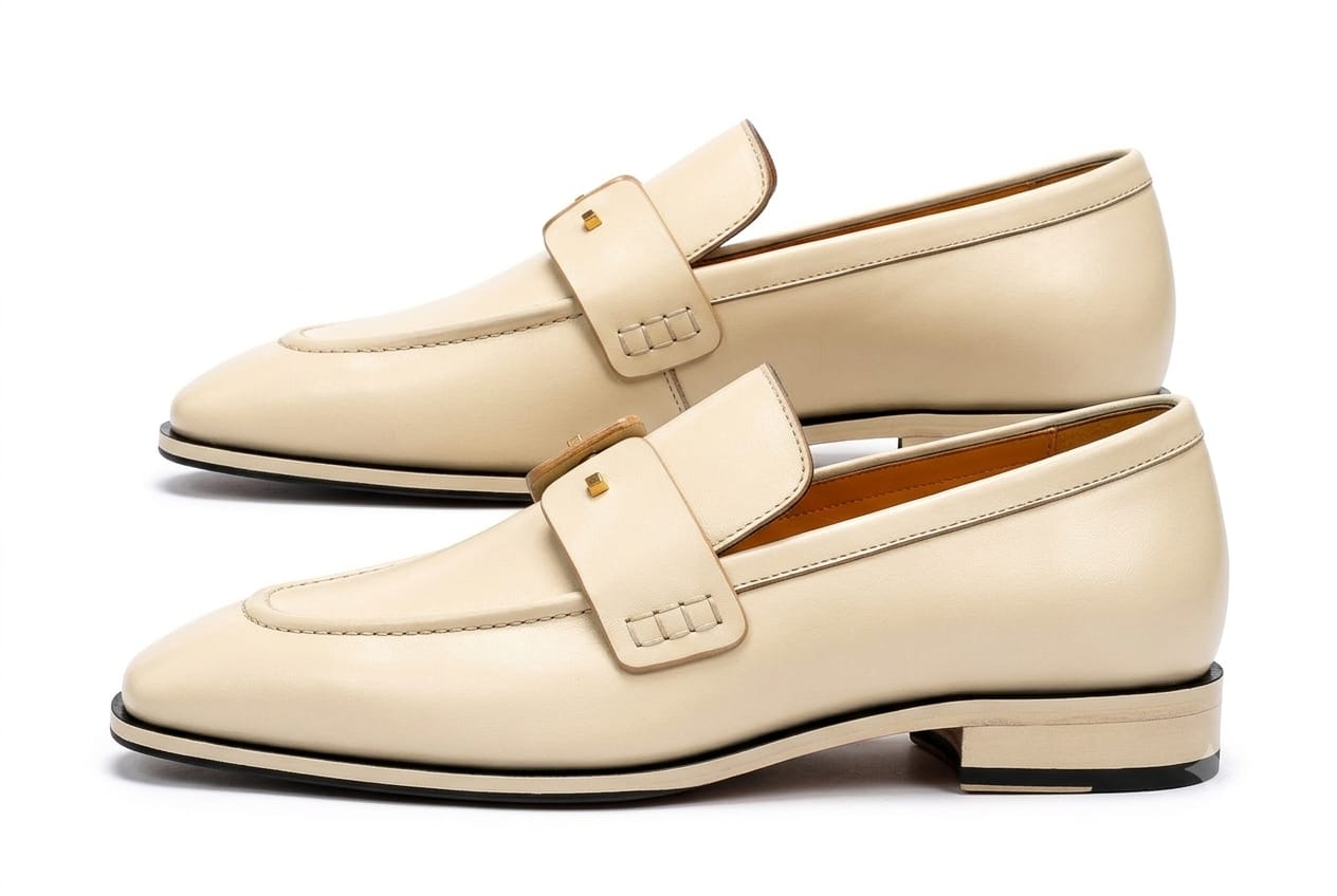 Men’s Cream Leather-Style Buckle Loafers | Premium Formal Slip-On Dress Shoes