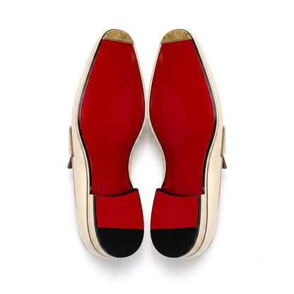 Men’s Cream Leather-Style Buckle Loafers | Premium Formal Slip-On Dress Shoes