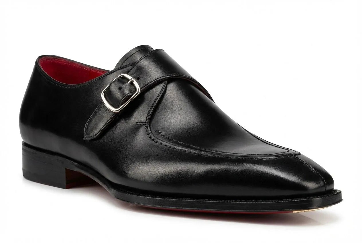 Black Leather Monk Strap Dress Shoes - Handcrafted Red Sole